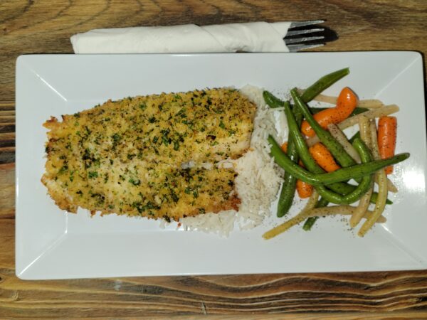 Herb crusted white fish, rice pilaf and chef blend vegetables