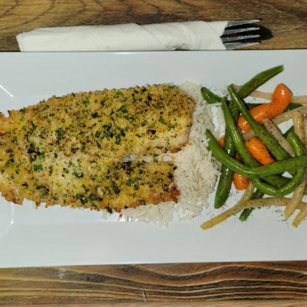 Herb crusted white fish, rice pilaf and chef blend vegetables