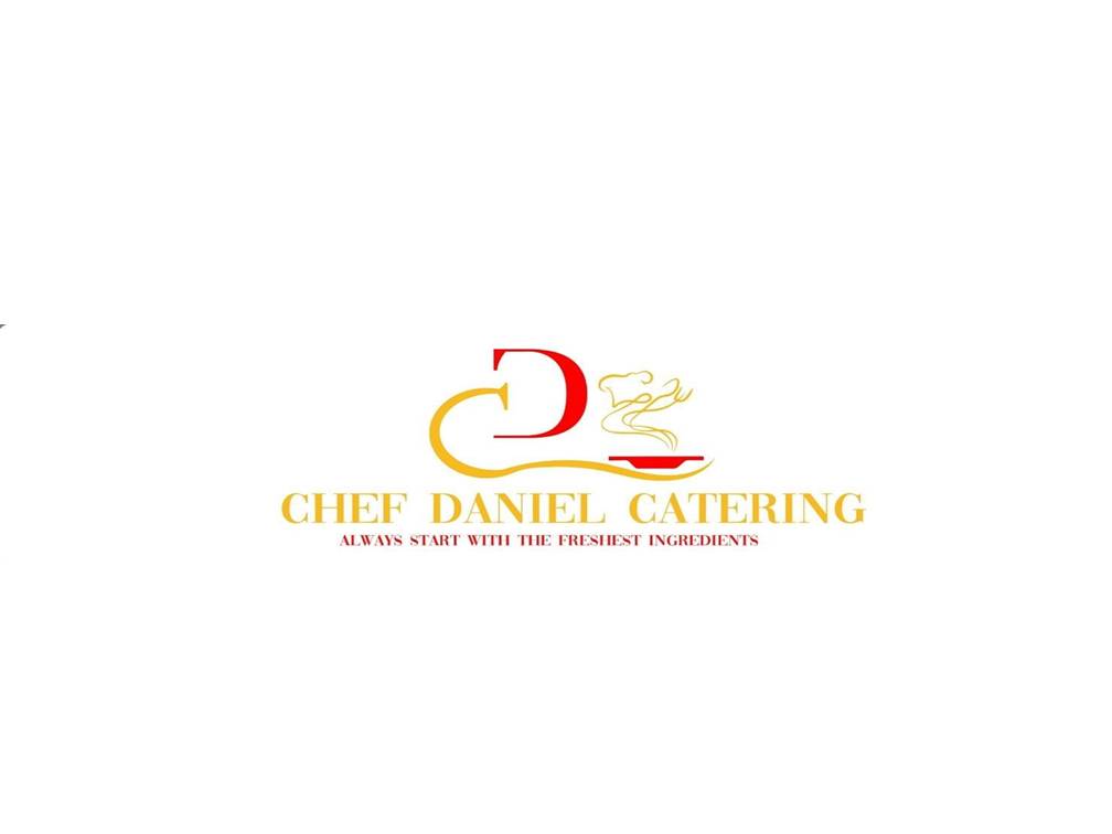 The logo of chef Daniel catering in yellow and red with with background